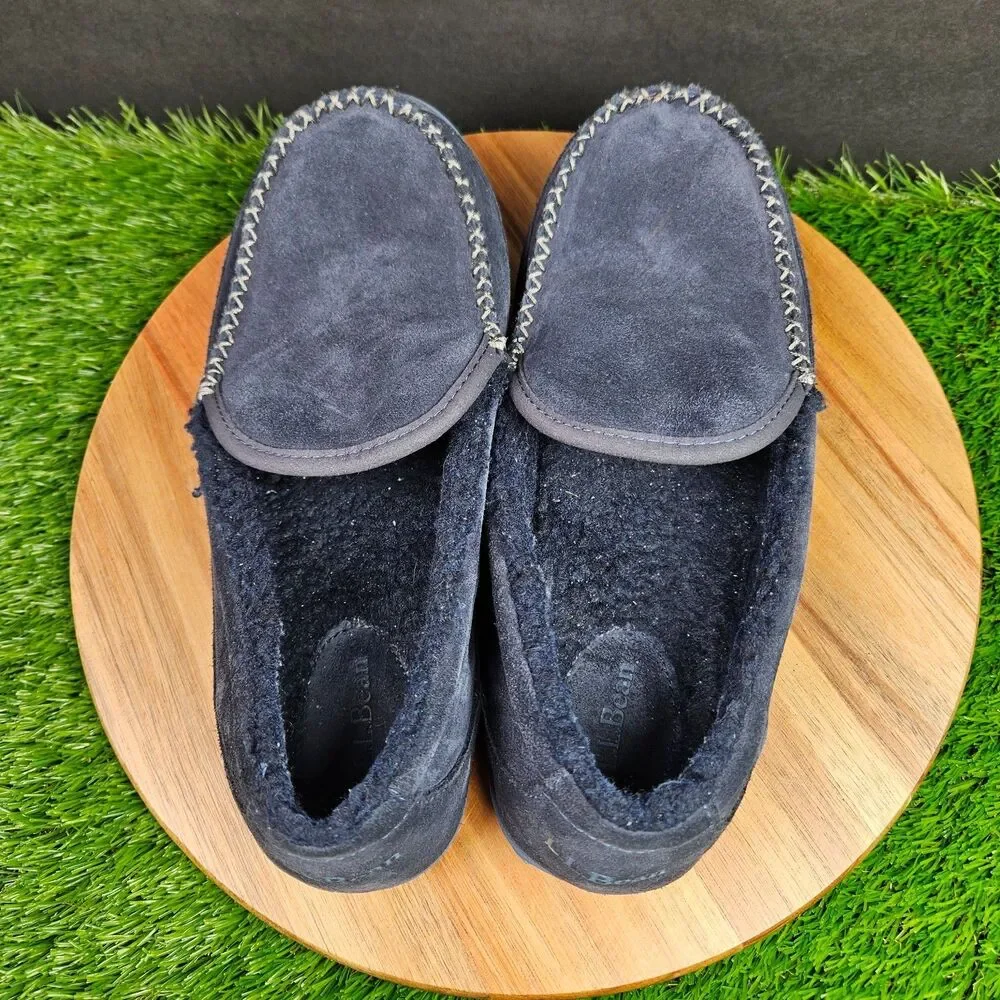 LL Bean Men's Blue Suede Fleece Lined‎ Mountain Moccasin Slippers Size 9 M